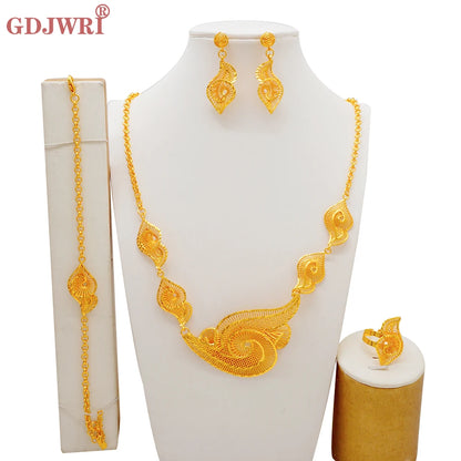 African Indian Gold Jewelry Set for Women – Dubai Style Bridal Tassel Long Necklace, Earrings, Ring & Bangle - Ideal Gift for Her