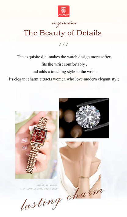 Luxury Rectangle Stainless Steel Women’s Wristwatch | POEDAGAR Waterproof Quartz Watch with Date Display | Ideal Gift for Her