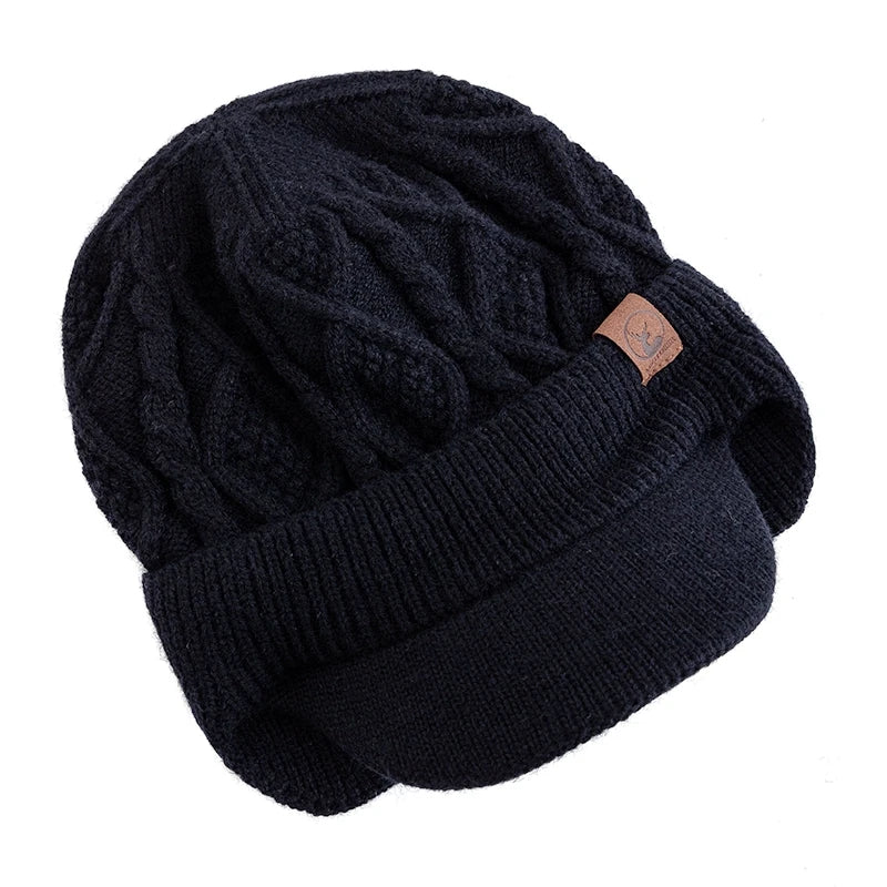 Unisex Winter Beanie with Brim and Ear Flaps, Fleece Lined Warm Knit Hat for Men Women Outdoor Thermal Stocking Cap