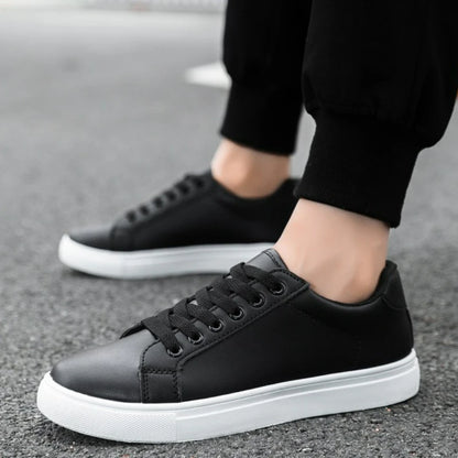 Hot Men’s Fashion Sneakers – Stylish Leather Flat Shoes for Everyday Comfort, White & Black Non-Slip Vulcanized Design - Gift for Him