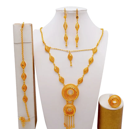 African Indian Gold Jewelry Set for Women – Dubai Style Bridal Tassel Long Necklace, Earrings, Ring & Bangle - Ideal Gift for Her