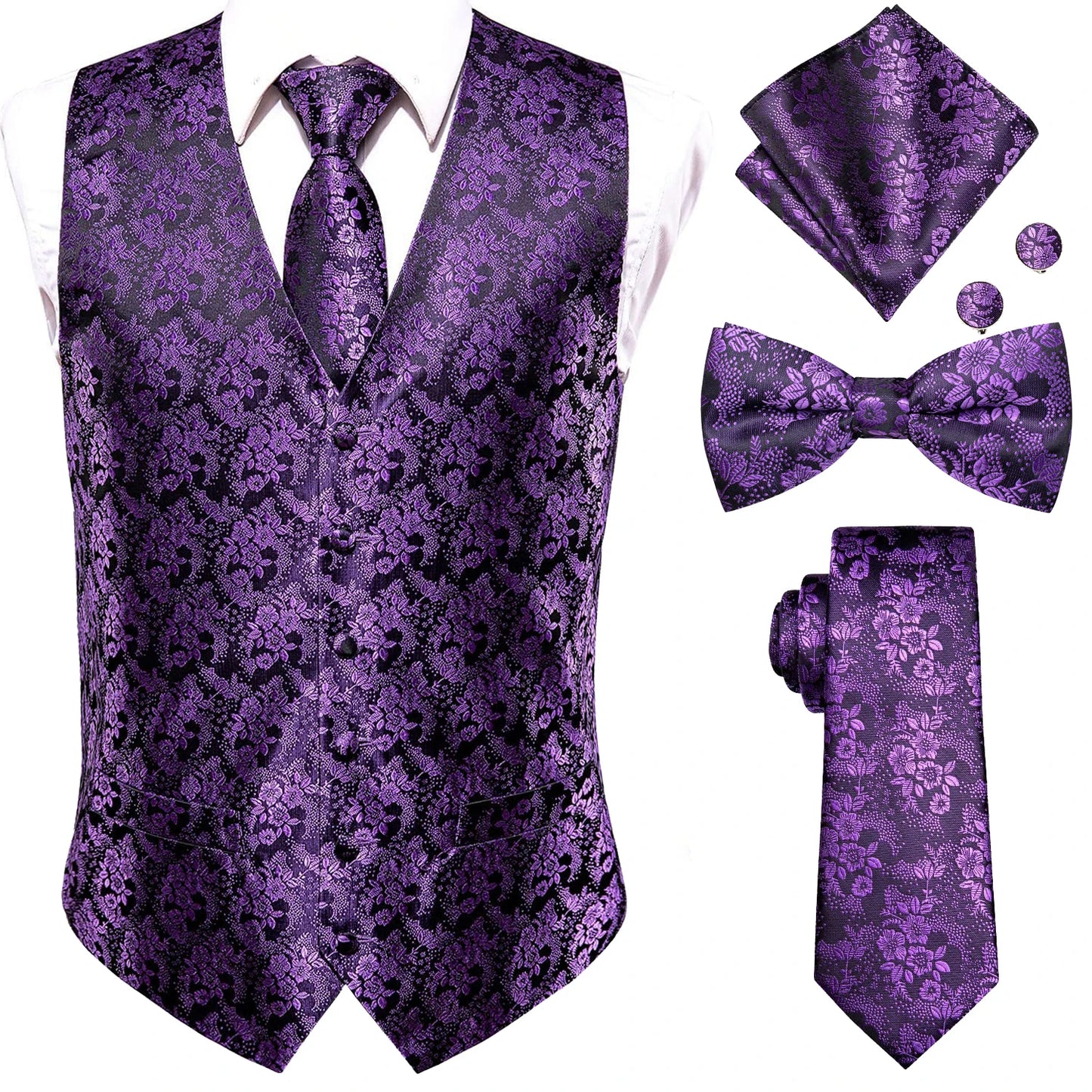 Elegant Men's Formal Silk Vest & Accessories By Hi-Tie | Waistcoat Set with Tie, Bowtie, Hanky, Cufflinks for Business, Office, Party, Wedding - Ideal Gift for Him