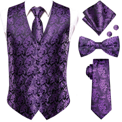 Elegant Men's Formal Silk Vest & Accessories By Hi-Tie | Waistcoat Set with Tie, Bowtie, Hanky, Cufflinks for Business, Office, Party, Wedding - Ideal Gift for Him