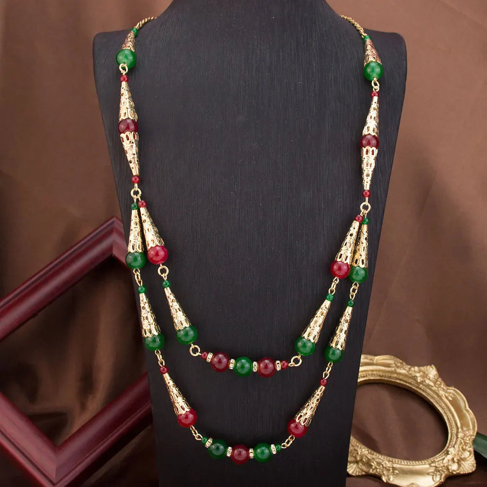 Sunspicems Long Double Layered Bead Chain Necklace for Women Gold Color Arabic Bridal Jewelry & Middle East Caftan Neck Chain