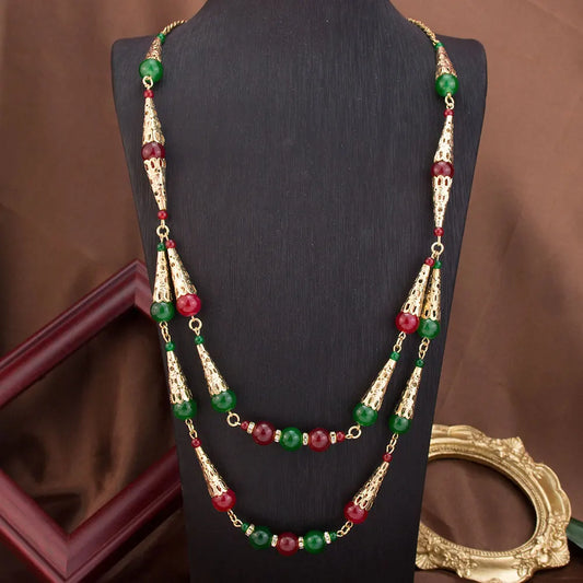 Sunspicems Long Double Layered Bead Chain Necklace for Women Gold Color Arabic Bridal Jewelry & Middle East Caftan Neck Chain