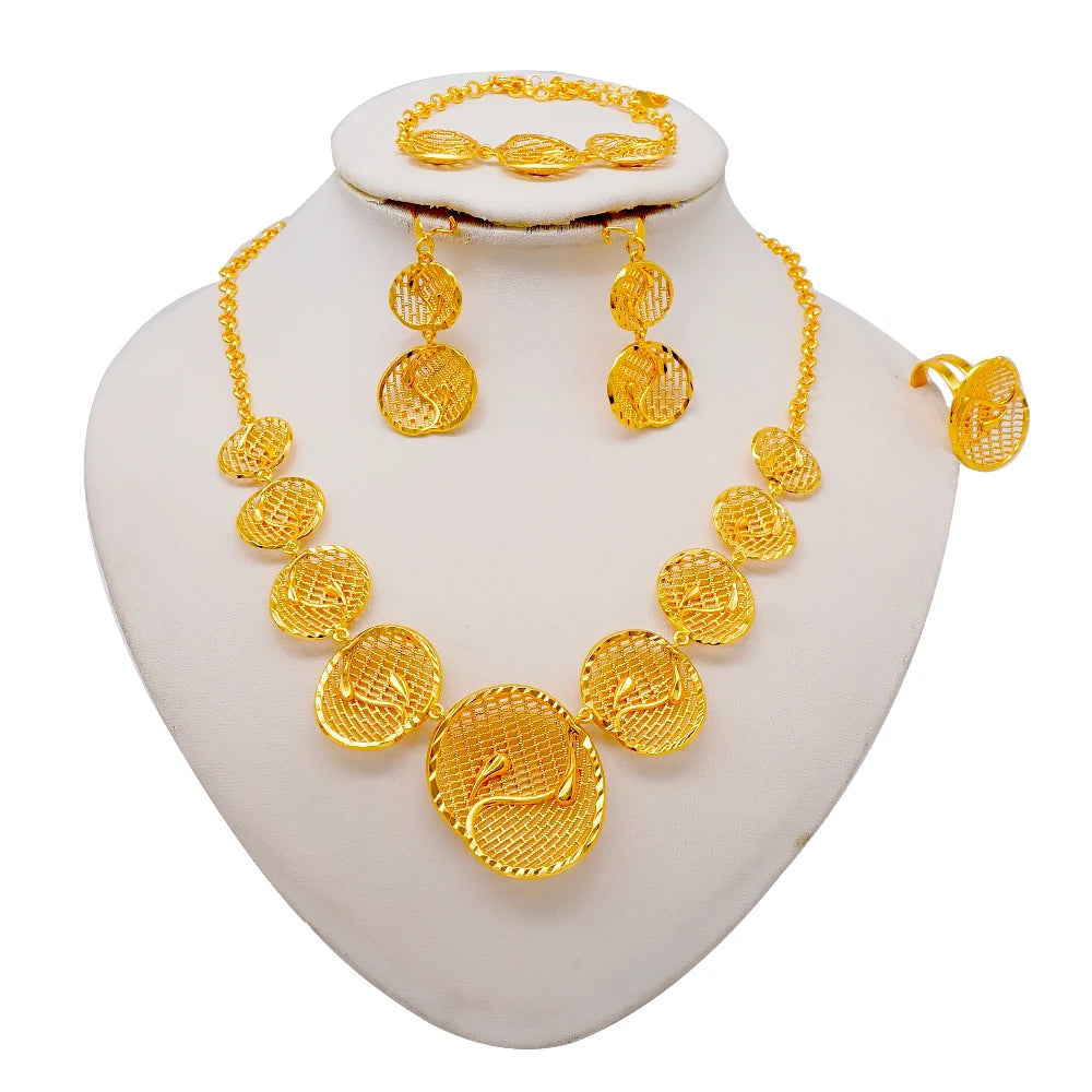 African Indian Gold Jewelry Set for Women – Dubai Style Bridal Tassel Long Necklace, Earrings, Ring & Bangle - Ideal Gift for Her