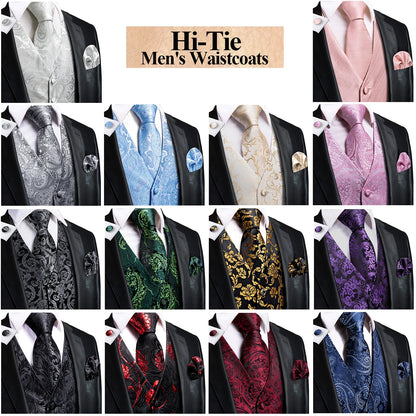 Elegant Men's Formal Silk Vest & Accessories By Hi-Tie | Waistcoat Set with Tie, Bowtie, Hanky, Cufflinks for Business, Office, Party, Wedding - Ideal Gift for Him