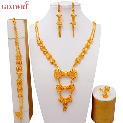 African Indian Gold Jewelry Set for Women – Dubai Style Bridal Tassel Long Necklace, Earrings, Ring & Bangle - Ideal Gift for Her