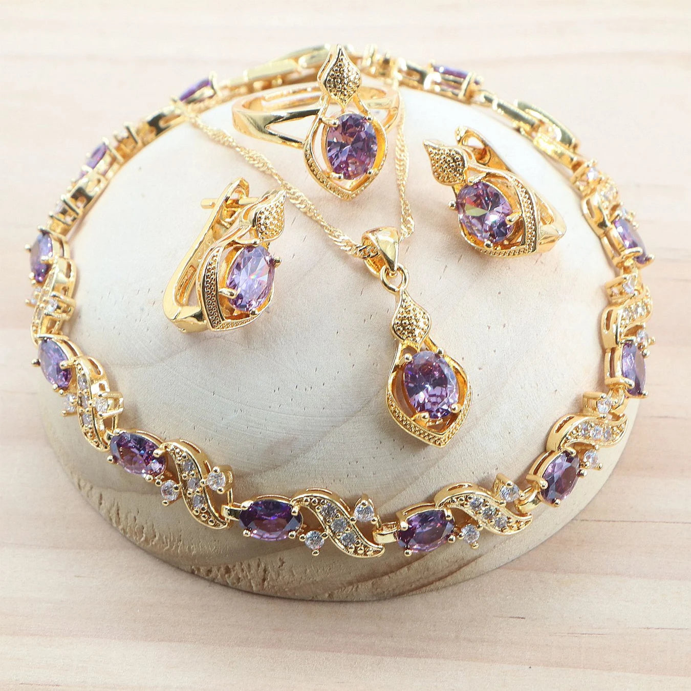 Elegant Blue Red Green Purple White Zircon Wedding Jewelry Set for Women – 925 Silver Pendant Necklace, Earrings, Ring, Bracelet - Perfect Gift for Her