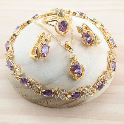 Elegant Blue Red Green Purple White Zircon Wedding Jewelry Set for Women – 925 Silver Pendant Necklace, Earrings, Ring, Bracelet - Perfect Gift for Her