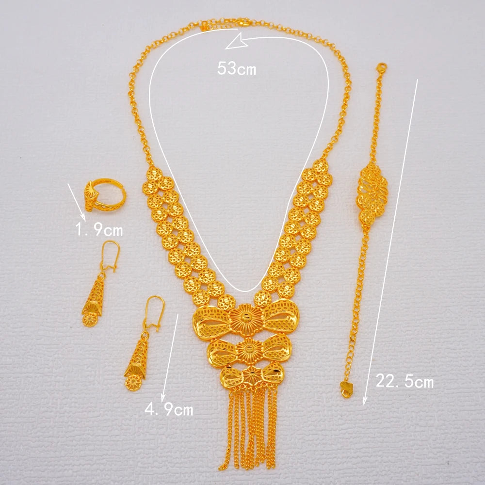 African Indian Gold Jewelry Set for Women – Dubai Style Bridal Tassel Long Necklace, Earrings, Ring & Bangle - Ideal Gift for Her