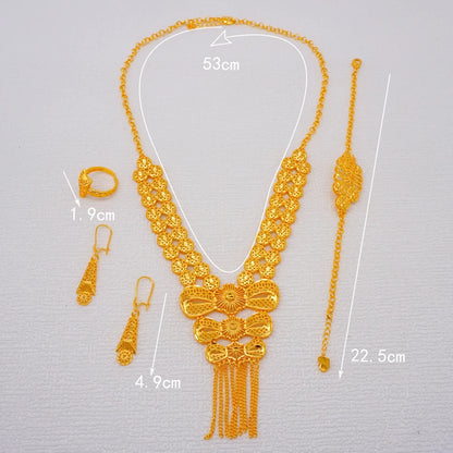 African Indian Gold Jewelry Set for Women – Dubai Style Bridal Tassel Long Necklace, Earrings, Ring & Bangle - Ideal Gift for Her
