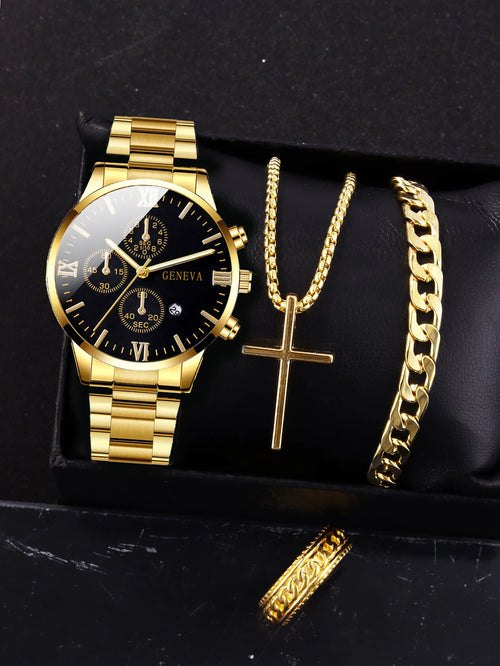 Four Pieces Watch & Jewelry Set For Men - Gold/Silver/Black Color Alloy-Made Quartz Watch  Roman with Calendar, Cross Necklace Bracelet  &ring set selected present - Elegant Gift for Men