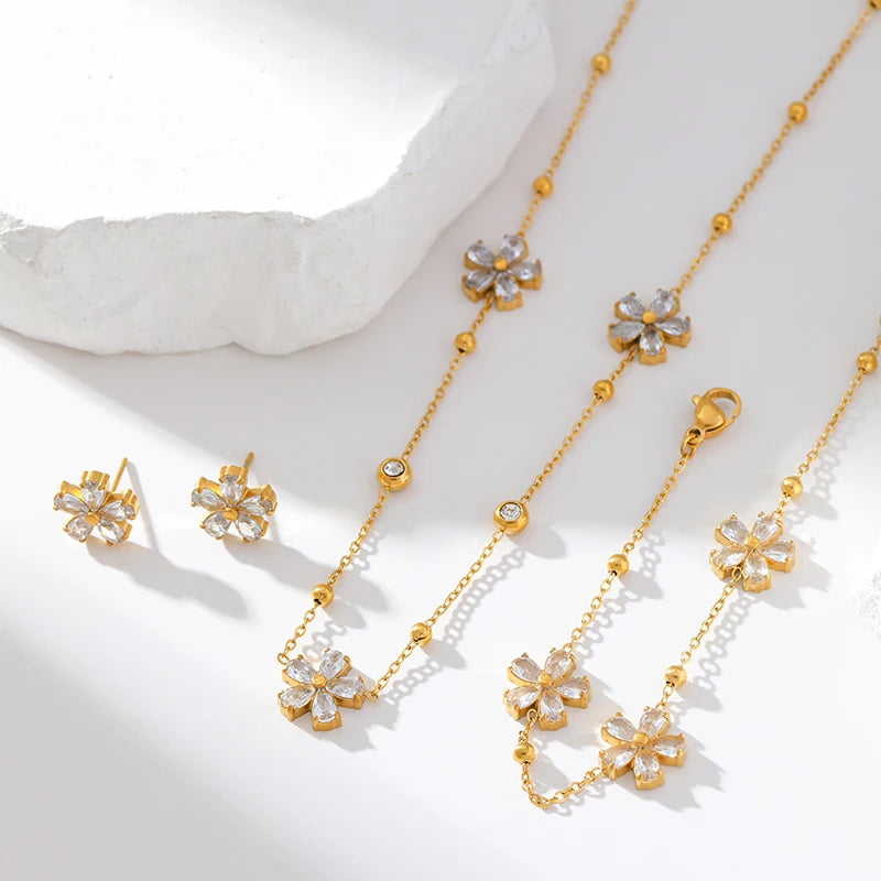 EILIECK 316L Stainless Steel White Zirconia Flower Petal Necklace Bracelet Earrings Set For Women New Trendy Jewelry Party Gift
