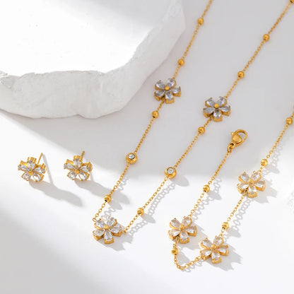 EILIECK 316L Stainless Steel White Zirconia Flower Petal Necklace Bracelet Earrings Set For Women New Trendy Jewelry Party Gift