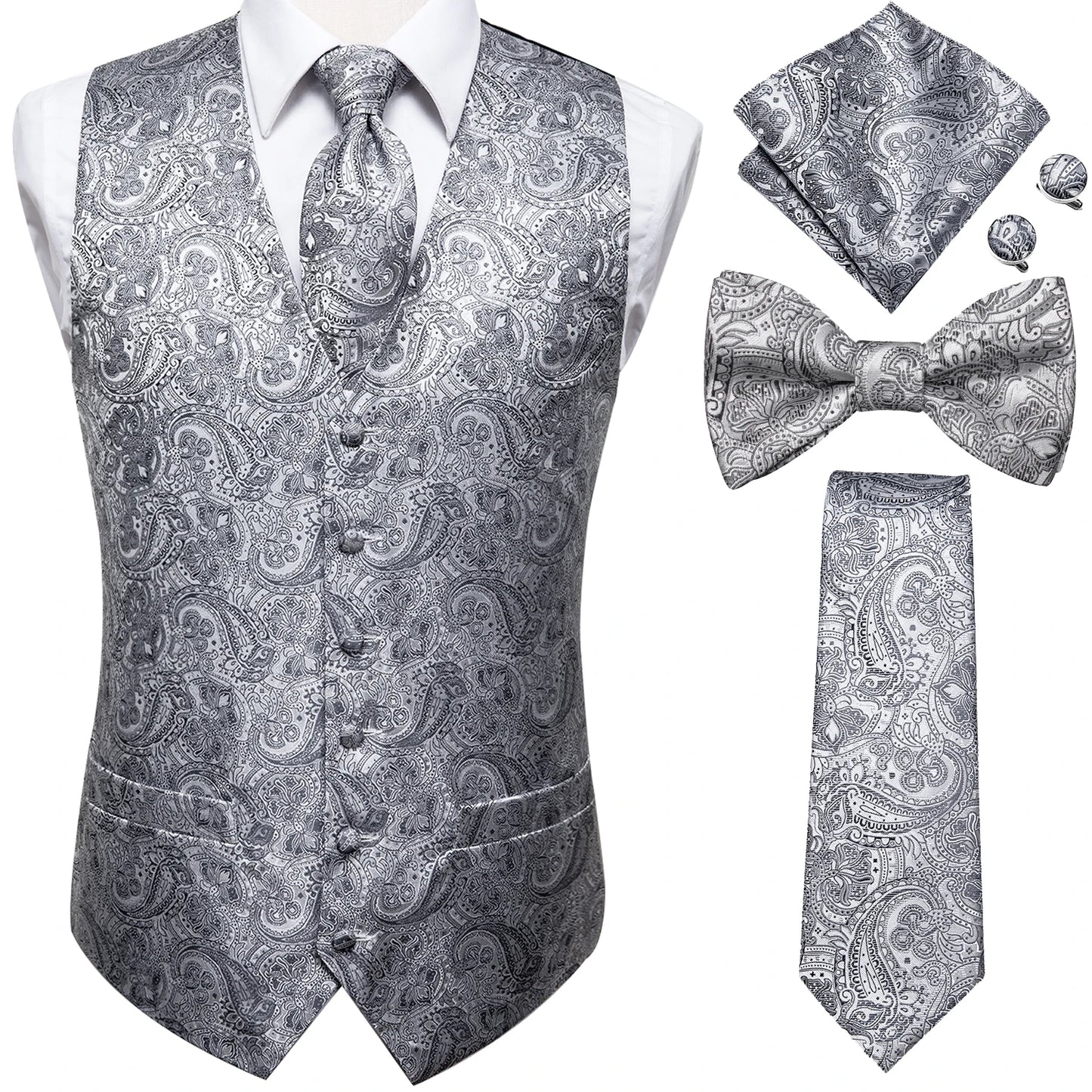 Elegant Men's Formal Silk Vest & Accessories By Hi-Tie | Waistcoat Set with Tie, Bowtie, Hanky, Cufflinks for Business, Office, Party, Wedding - Ideal Gift for Him