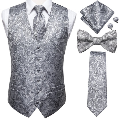 Elegant Men's Formal Silk Vest & Accessories By Hi-Tie | Waistcoat Set with Tie, Bowtie, Hanky, Cufflinks for Business, Office, Party, Wedding - Ideal Gift for Him