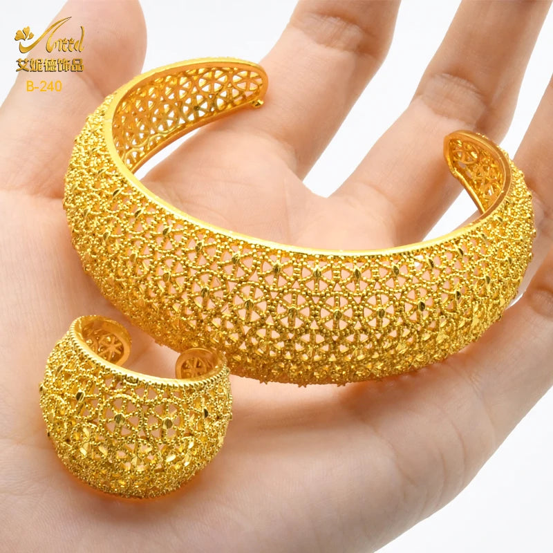 ANIID Dubai 24k Golden Cuff Bangles For Women - African Luxury Charm Bracelet Bangles Nigerian Wedding Gold Color Jewelry Gifts