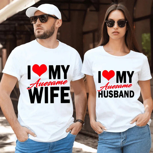 Husband & Wife T-Shirts Set - I Love My Awesome Wife/Husband Printed Medium to 3XL Sizes, Various Colors T Shirts for Couple, Perfect for Honeymooners, Date nights, Anniversary - Ideal Gift for Spouse