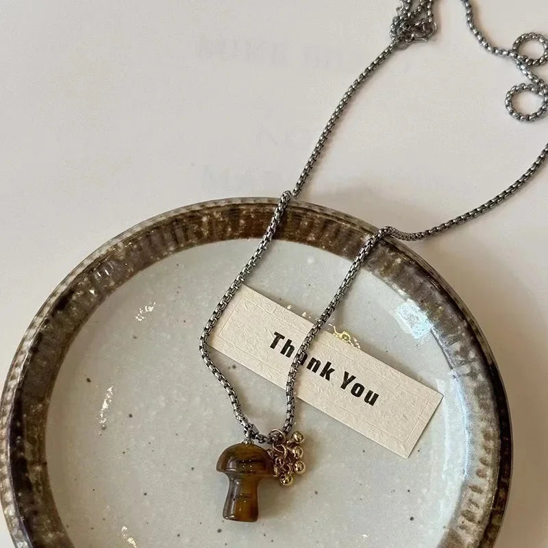 Spotted Tiger Eye Stone Mushroom Pendant Long Versatile Clavicle Chain Necklace for Women's Niche Exquisite Accessories