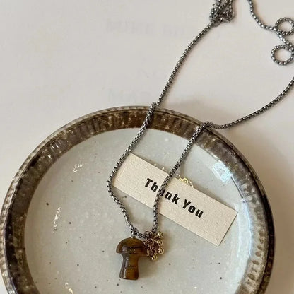 Spotted Tiger Eye Stone Mushroom Pendant Long Versatile Clavicle Chain Necklace for Women's Niche Exquisite Accessories