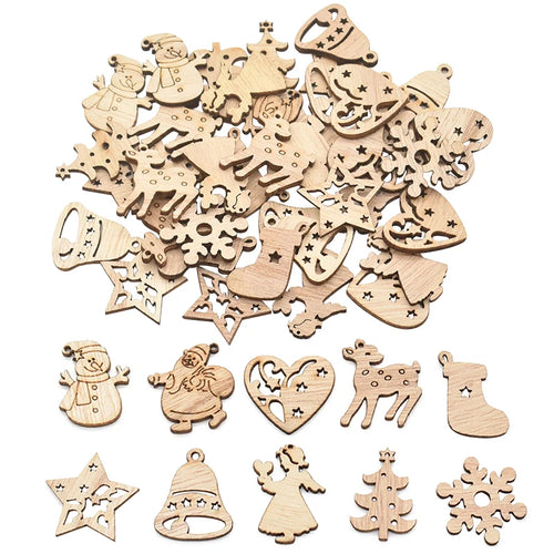 Fifty Natural Wooden Chips for Christmas - A snowflake of Santa Claus Christmas Tree Hanging Pendant Ornaments for DIY Navidad Decoration - Perfect Christmas Gift