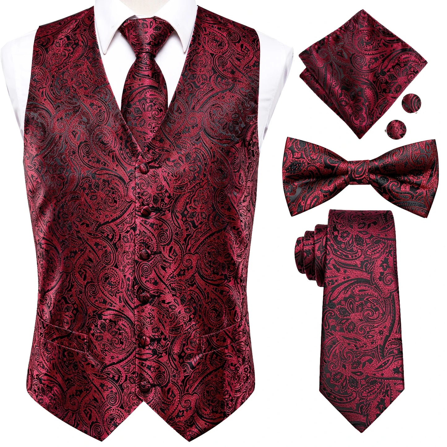 Elegant Men's Formal Silk Vest & Accessories By Hi-Tie | Waistcoat Set with Tie, Bowtie, Hanky, Cufflinks for Business, Office, Party, Wedding - Ideal Gift for Him