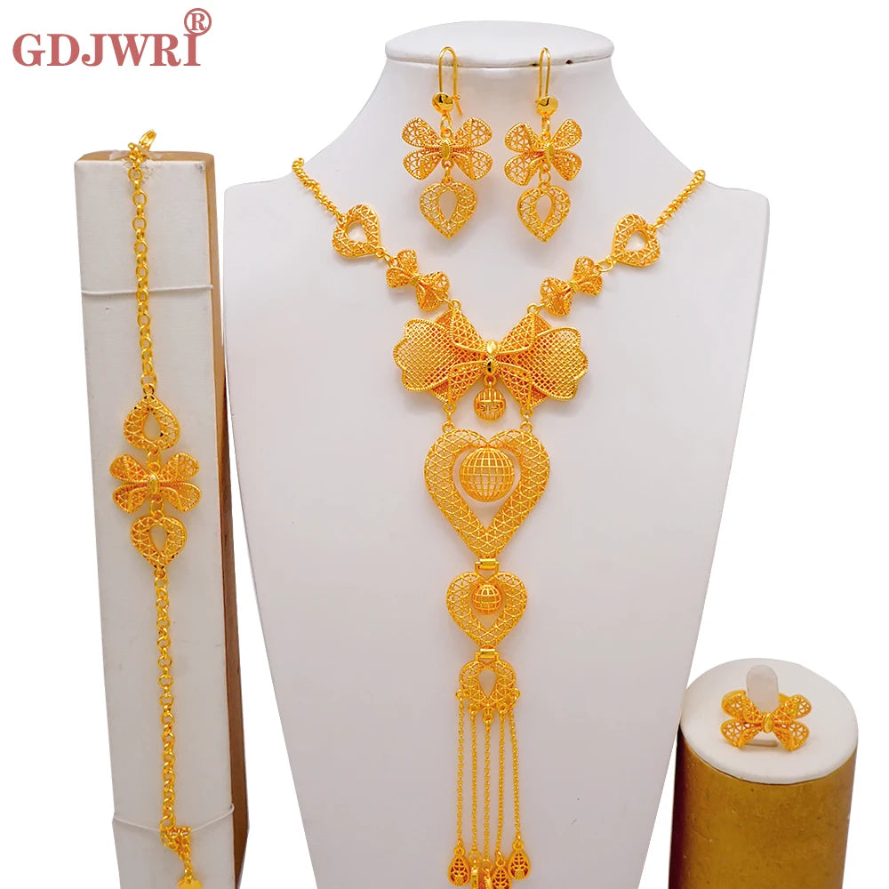 African Indian Gold Jewelry Set for Women – Dubai Style Bridal Tassel Long Necklace, Earrings, Ring & Bangle - Ideal Gift for Her