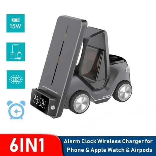 Wireless Charging Station For Simultaneous charge of Iphone, Apple Watch & Airpods Pro - Car Design Night Light Alarm Clock Charger - Elegant gift to Yourself, your Family or Friends.