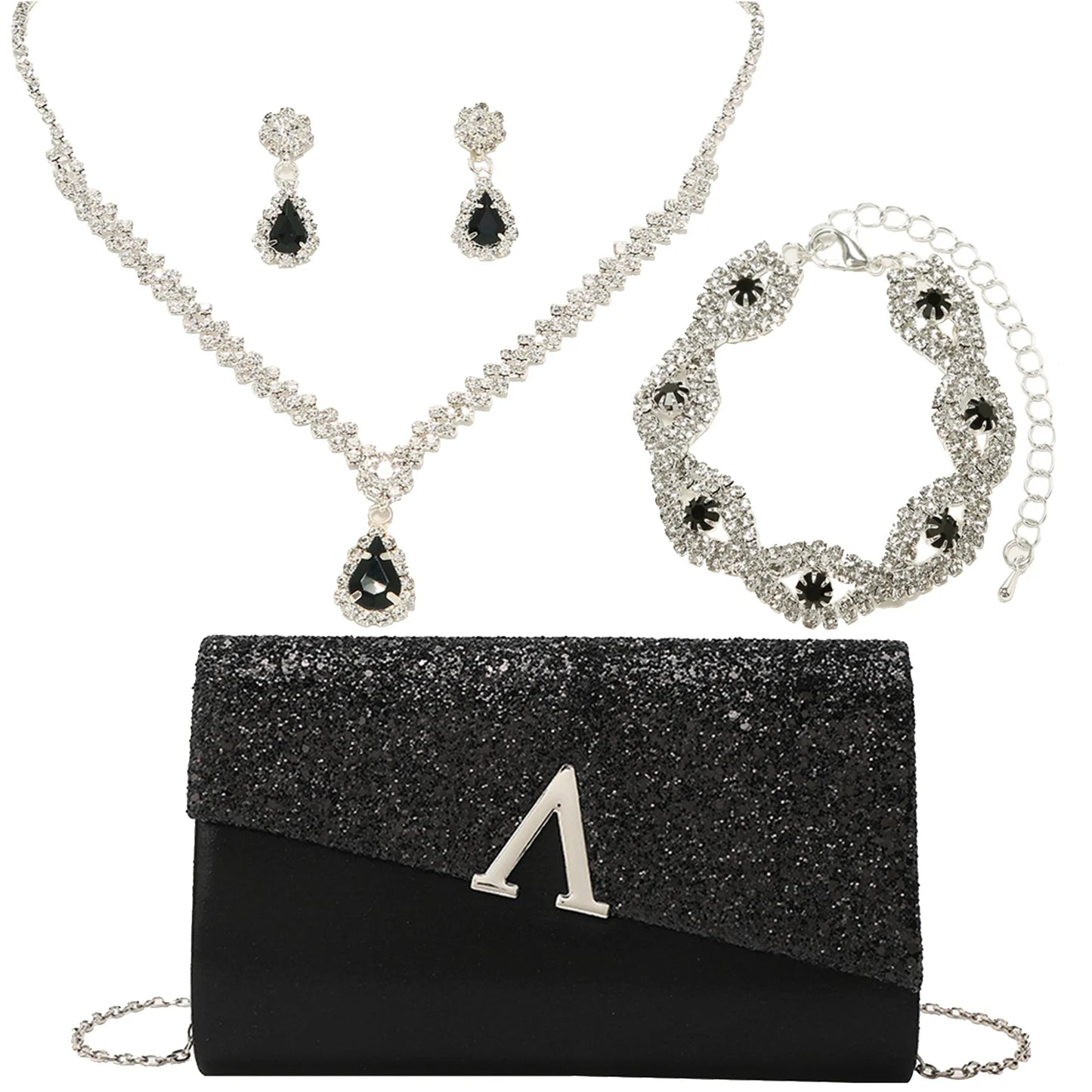 4PCS Evening Purse and Jewelry Set for Women – Glitter Clutch with Matching Necklace, Earrings & Bracelet for Banquet or Bridal Events - Elegant Gift for Her