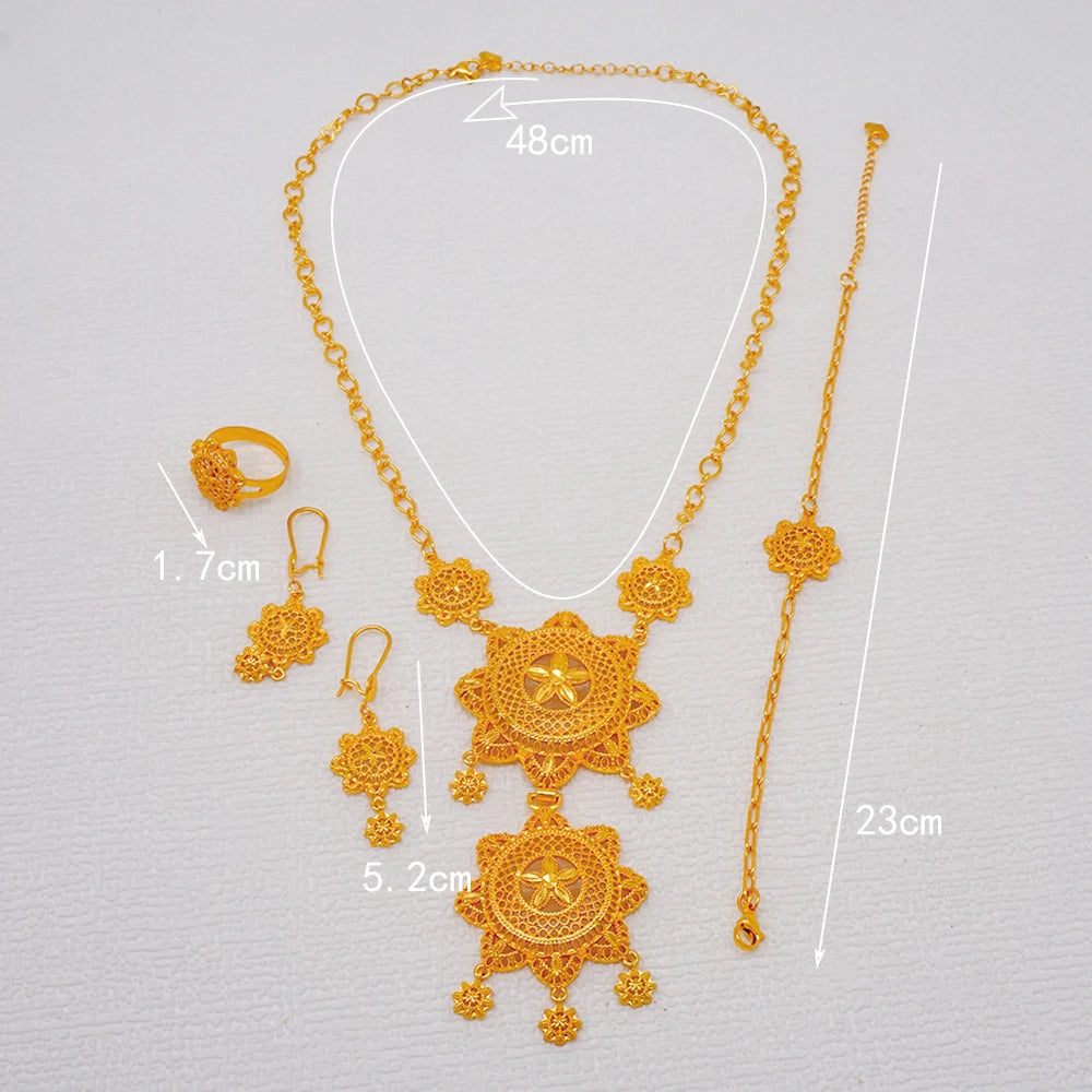 African Indian Gold Jewelry Set for Women – Dubai Style Bridal Tassel Long Necklace, Earrings, Ring & Bangle - Ideal Gift for Her