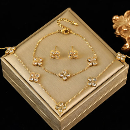 EILIECK 316L Stainless Steel White Zirconia Flower Petal Necklace Bracelet Earrings Set For Women New Trendy Jewelry Party Gift