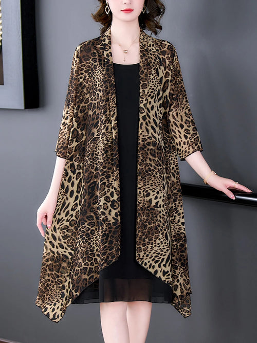 Luxury Silk Leopard Print Long Sleeve Women's Cardigan – Loose Fashion Coat, Summer Outerwear Parka - Elegant Gift for Her