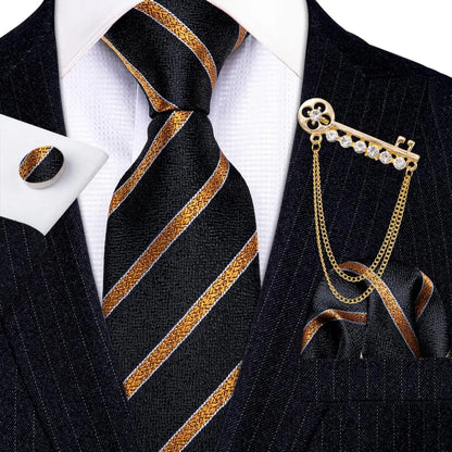 Luxury Floral Paisley Gold Black Silk Tie, Hanky, Cufflinks & Brooch Set - Men's Jacquard Necktie & Accessories for Business, Formal or Wedding - Ideal Gift for Him