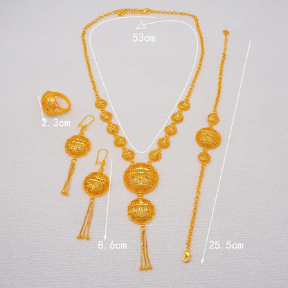 African Indian Gold Jewelry Set for Women – Dubai Style Bridal Tassel Long Necklace, Earrings, Ring & Bangle - Ideal Gift for Her