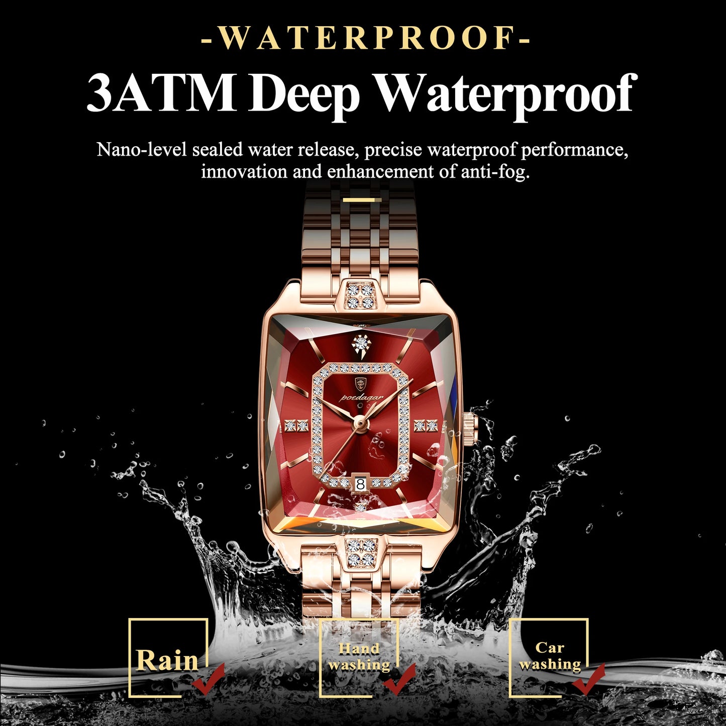 Luxury Rectangle Stainless Steel Women’s Wristwatch | POEDAGAR Waterproof Quartz Watch with Date Display | Ideal Gift for Her