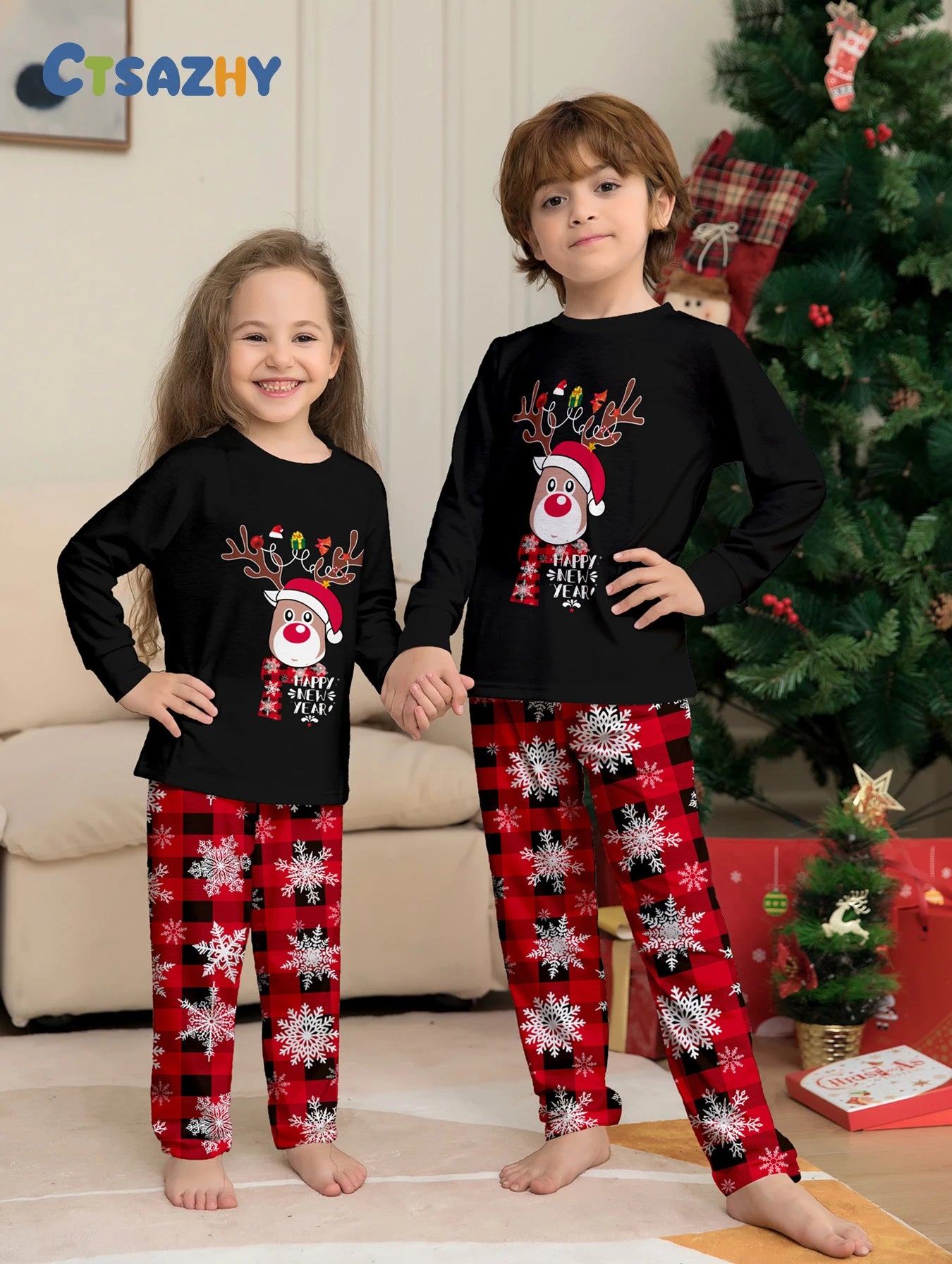 Matching Family Christmas Pajamas Set – Snug, Colorful Letter Print Top & Plaid Bottom Jammies