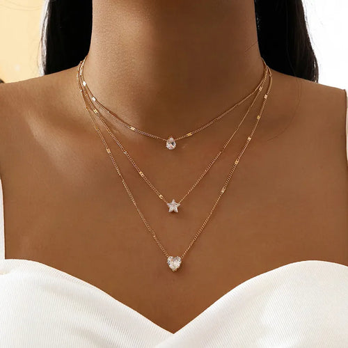 Premium Crystal Zircon Heart Star Charm Necklace Set for Women - Sparkling Stones, Versatile Design, Feminine Charms, Vintage Appeal - Excellent gift to Women