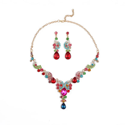 Women's 2pcs Rhinestone Waterdrop Jewelry Set – Blue Red Green White Champagne Pendant Necklace and Earrings for Bride or Special Occasions - Elegant Gift For Her