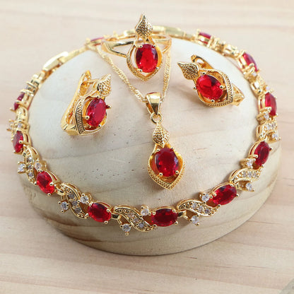 Elegant Blue Red Green Purple White Zircon Wedding Jewelry Set for Women – 925 Silver Pendant Necklace, Earrings, Ring, Bracelet - Perfect Gift for Her