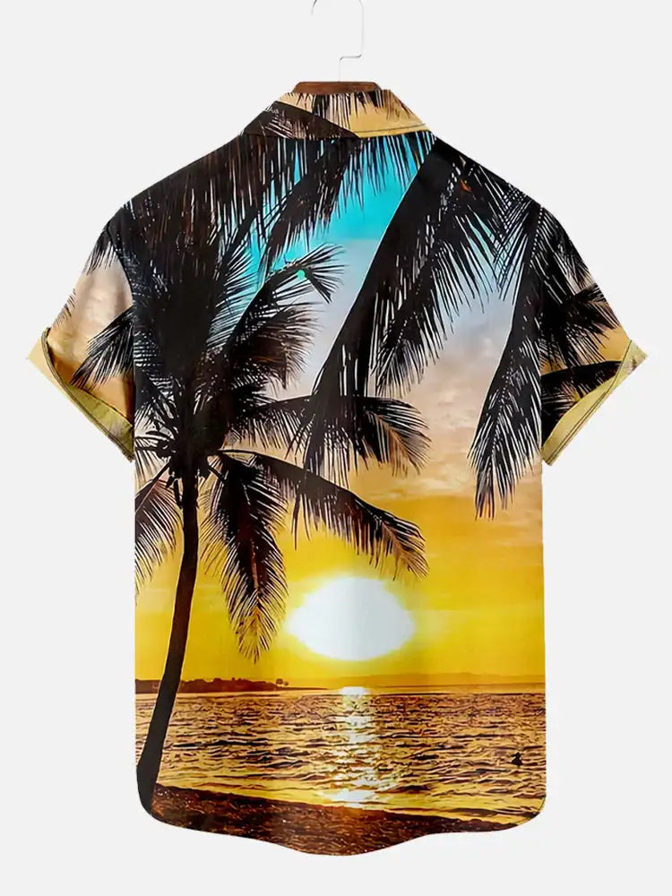 Men’s 3D Hawaiian Shirt for Summer – Coconut Tree Sunset Print Short Sleeve Beach Top - Perfect Gift for Him