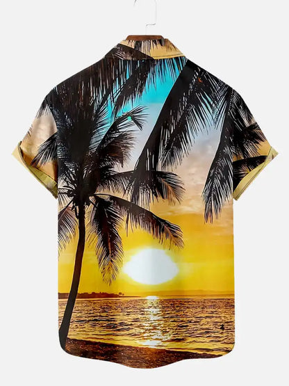 Men’s 3D Hawaiian Shirt for Summer – Coconut Tree Sunset Print Short Sleeve Beach Top - Perfect Gift for Him