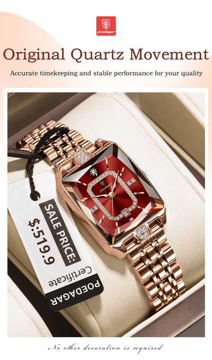Luxury Rectangle Stainless Steel Women’s Wristwatch | POEDAGAR Waterproof Quartz Watch with Date Display | Ideal Gift for Her