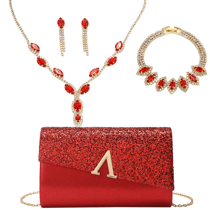 4PCS Evening Purse and Jewelry Set for Women – Glitter Clutch with Matching Necklace, Earrings & Bracelet for Banquet or Bridal Events - Elegant Gift for Her
