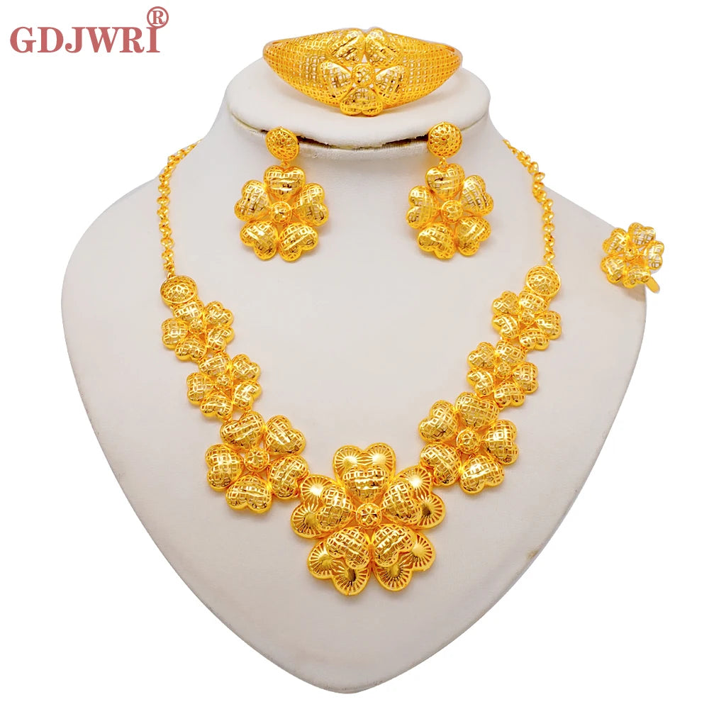 African Indian Gold Jewelry Set for Women – Dubai Style Bridal Tassel Long Necklace, Earrings, Ring & Bangle - Ideal Gift for Her