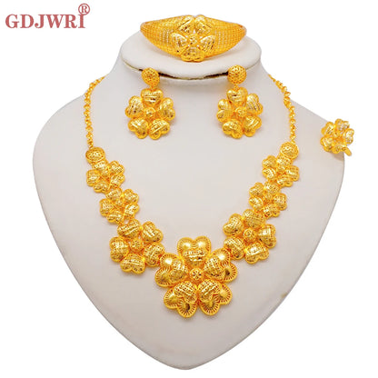 African Indian Gold Jewelry Set for Women – Dubai Style Bridal Tassel Long Necklace, Earrings, Ring & Bangle - Ideal Gift for Her