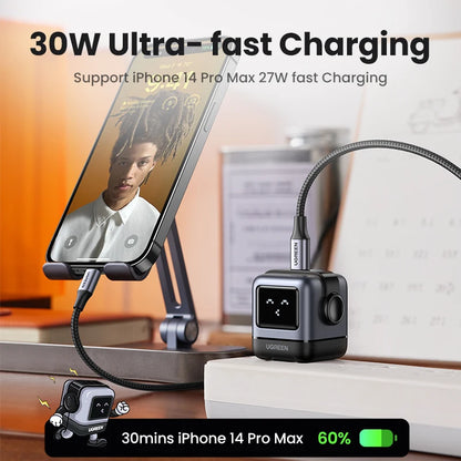 UGREEN 30W-65W Robot Design GaN Charger -  Multi-Port  Simultaneous & Fast Charging PD3.0 Charger, UAS Plug & Compatibility with All Brands of Gadgets - Elegant Gift for All