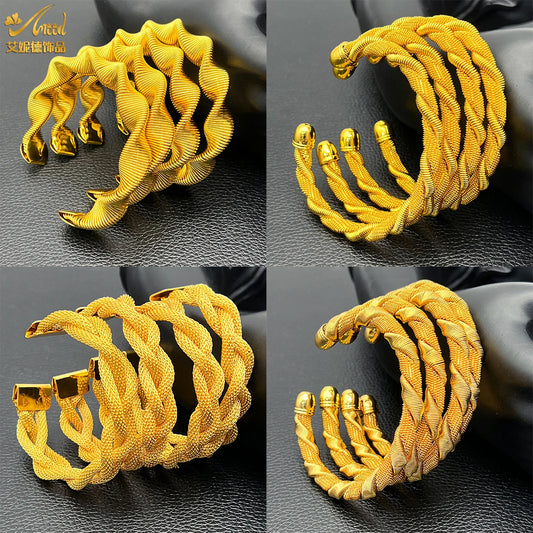 24K Gold Color Cuff Bangles  for Women – Dubai-Inspired Wedding Charm Jewelry, Arabic Party Twist Bracelet By ANIID  - Ideal Gift for Her