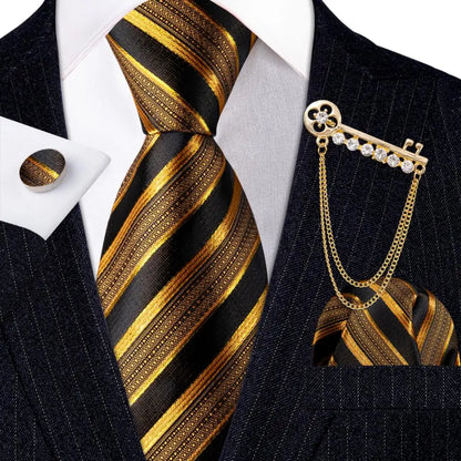 Luxury Floral Paisley Gold Black Silk Tie, Hanky, Cufflinks & Brooch Set - Men's Jacquard Necktie & Accessories for Business, Formal or Wedding - Ideal Gift for Him