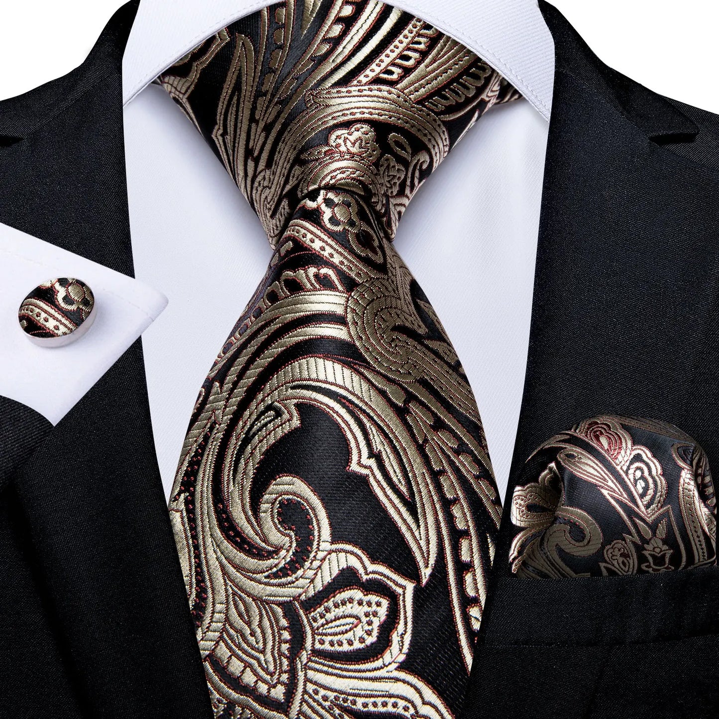 Luxury Orange Paisley Men's Tie Set for Business, Office, Party, Wedding| 3.15 Inch Silk Polyester Necktie, Cufflinks & Pocket Square - Perfect Gift for Him